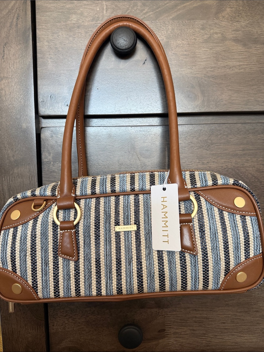 Hammitt Striped Canvas Shoulder Bag in Navy, Cream & Brown